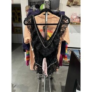 Vintage 1980s NWT Black Sheer Lace Ruffled Back Bow Tie Teddy Size Large